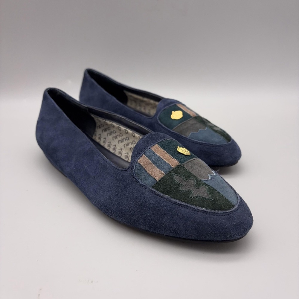 Nina Shoes Womens Size 6.5 Blue Suede Loafer Flats Crest Patchwork Slip On